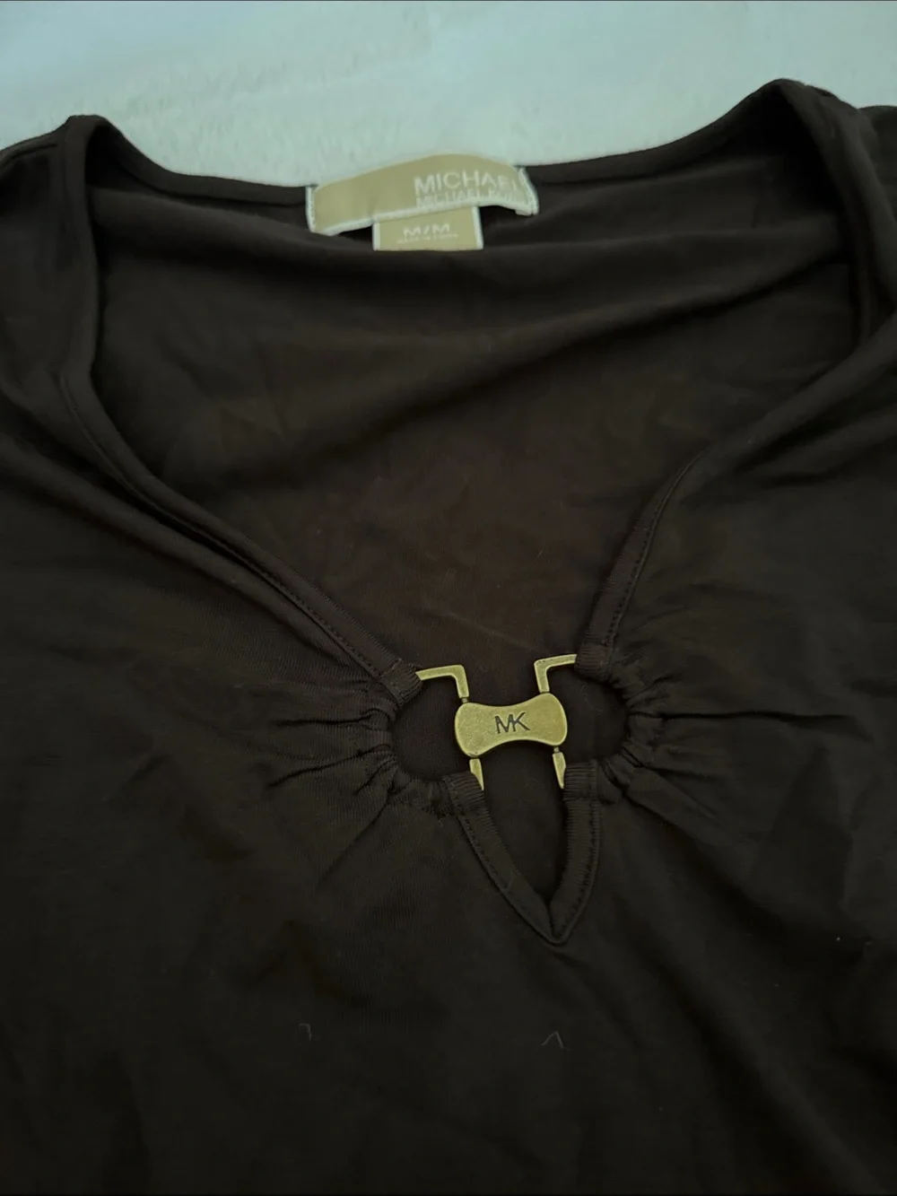 Michael Kors dark brown Long-Sleeve V-Neck Top with Gold Accent